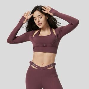 Halara SoftlyZero Halter Thumb Hole Long Sleeve Cropped 2-in-1 Yoga Sport Bra